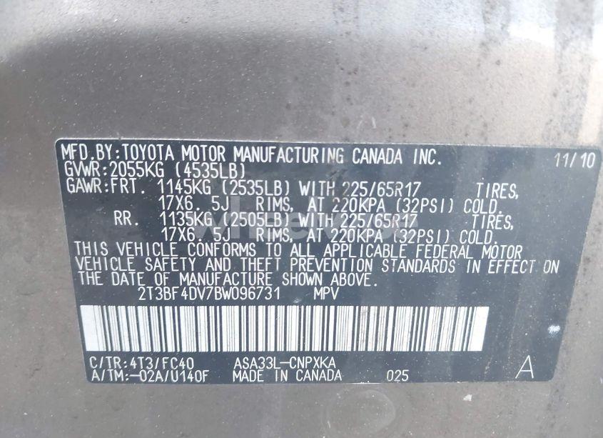 Photo 9 of 2011 Toyota Rav4 (VIN 2T3BF4DV7BW096731)