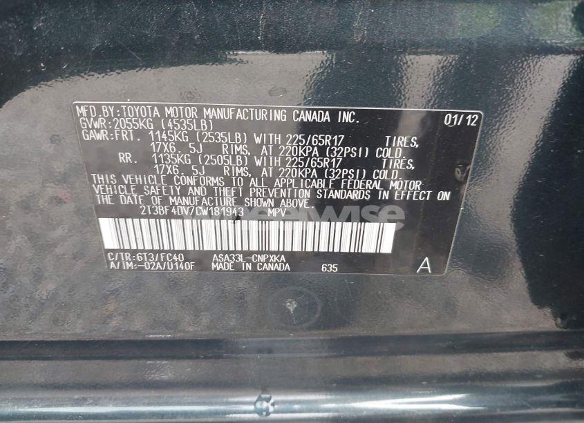 Photo 9 of 2012 Toyota Rav4 (VIN 2T3BF4DV7CW181943)