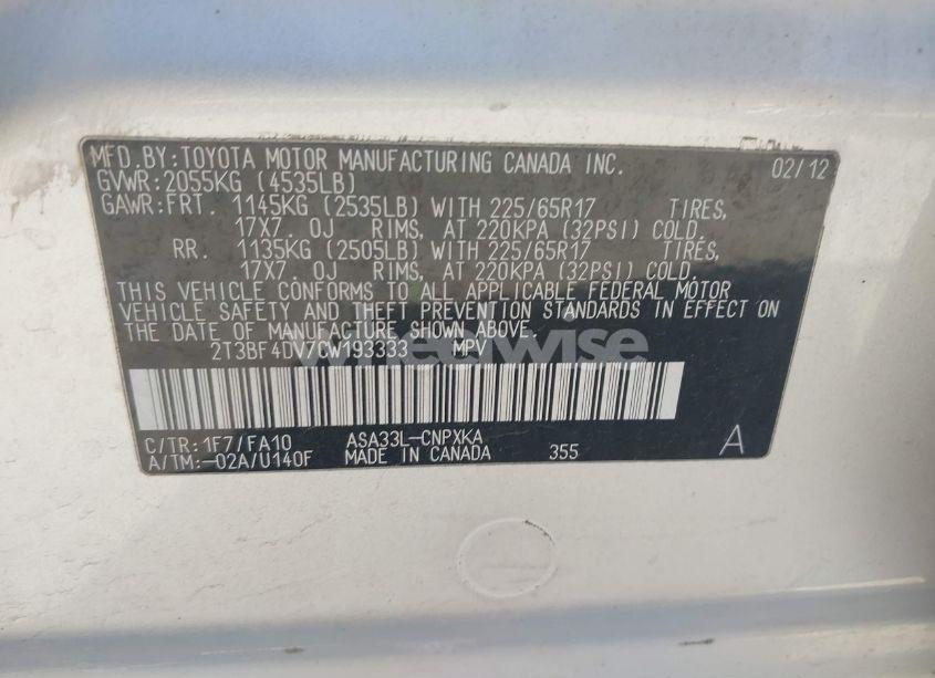 Photo 9 of 2012 Toyota Rav4 (VIN 2T3BF4DV7CW193333)