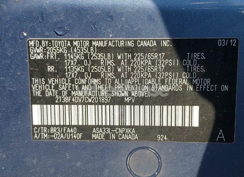 Photo 9 of 2012 Toyota Rav4 (VIN 2T3BF4DV7CW201897)