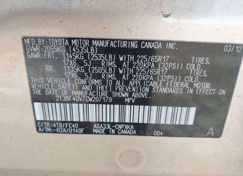 Photo 9 of 2012 Toyota Rav4 (VIN 2T3BF4DV7CW207179)