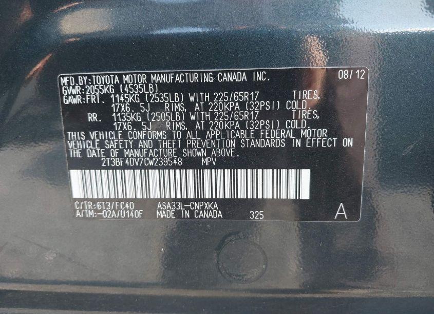 Photo 9 of 2012 Toyota Rav4 (VIN 2T3BF4DV7CW239548)