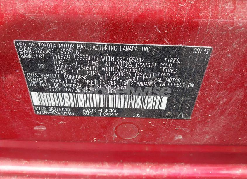 Photo 9 of 2012 Toyota Rav4 (VIN 2T3BF4DV7CW245754)