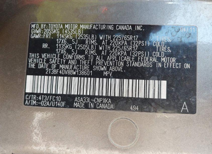 Photo 9 of 2011 Toyota Rav4 (VIN 2T3BF4DV8BW138601)