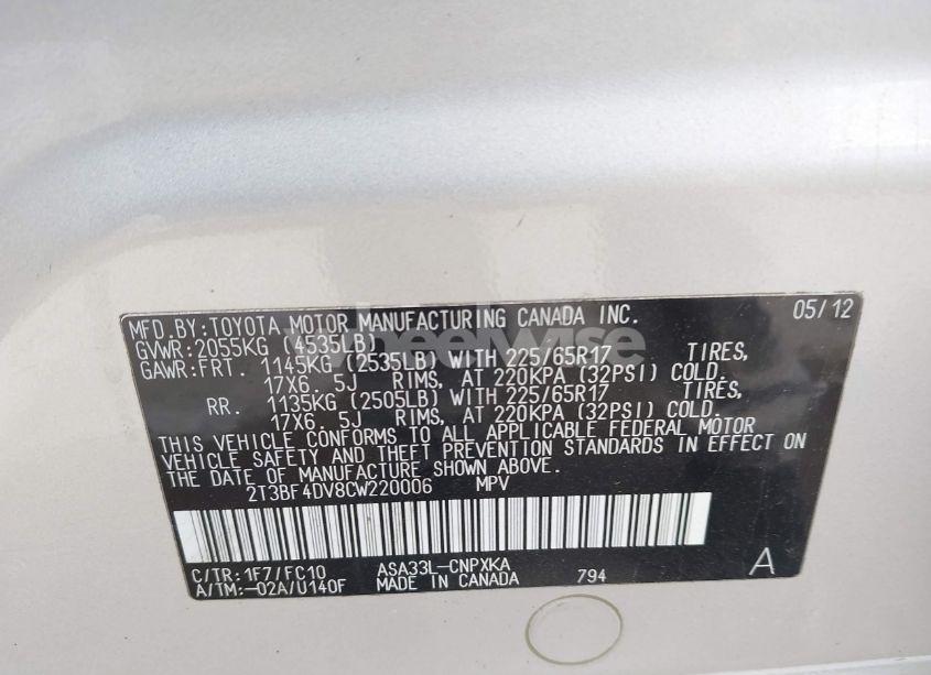 Photo 9 of 2012 Toyota Rav4 (VIN 2T3BF4DV8CW220006)