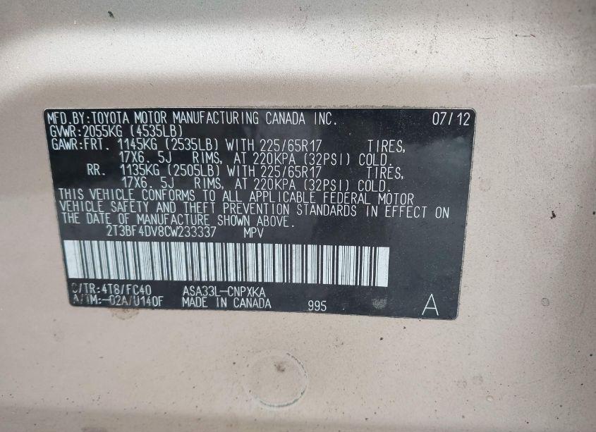 Photo 9 of 2012 Toyota Rav4 (VIN 2T3BF4DV8CW233337)