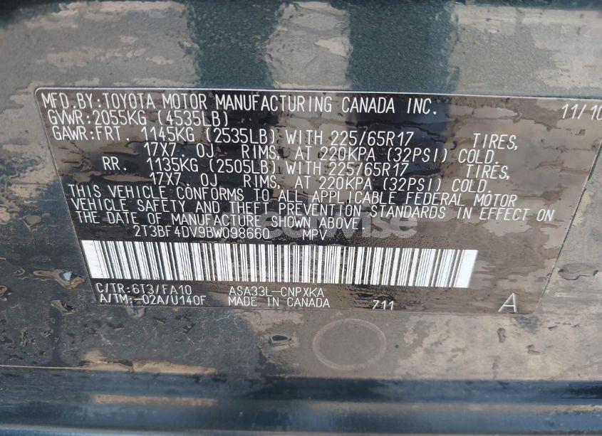 Photo 9 of 2011 Toyota Rav4 (VIN 2T3BF4DV9BW098660)