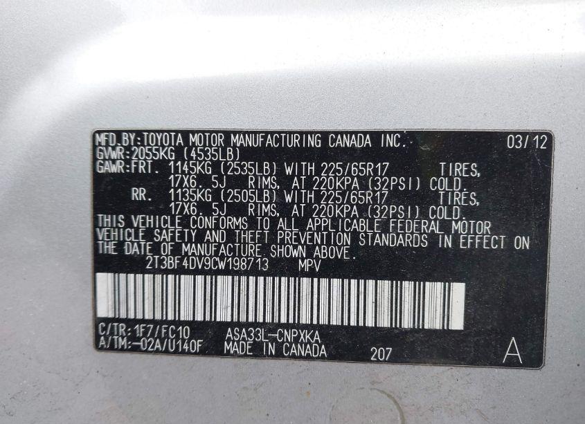 Photo 9 of 2012 Toyota Rav4 (VIN 2T3BF4DV9CW198713)