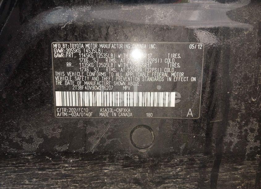 Photo 9 of 2012 Toyota Rav4 (VIN 2T3BF4DV9CW216207)