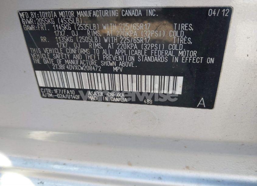 Photo 9 of 2012 Toyota Rav4 (VIN 2T3BF4DVXCW208472)