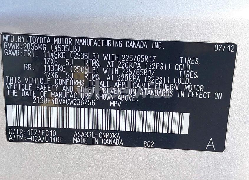 Photo 9 of 2012 Toyota Rav4 (VIN 2T3BF4DVXCW236756)