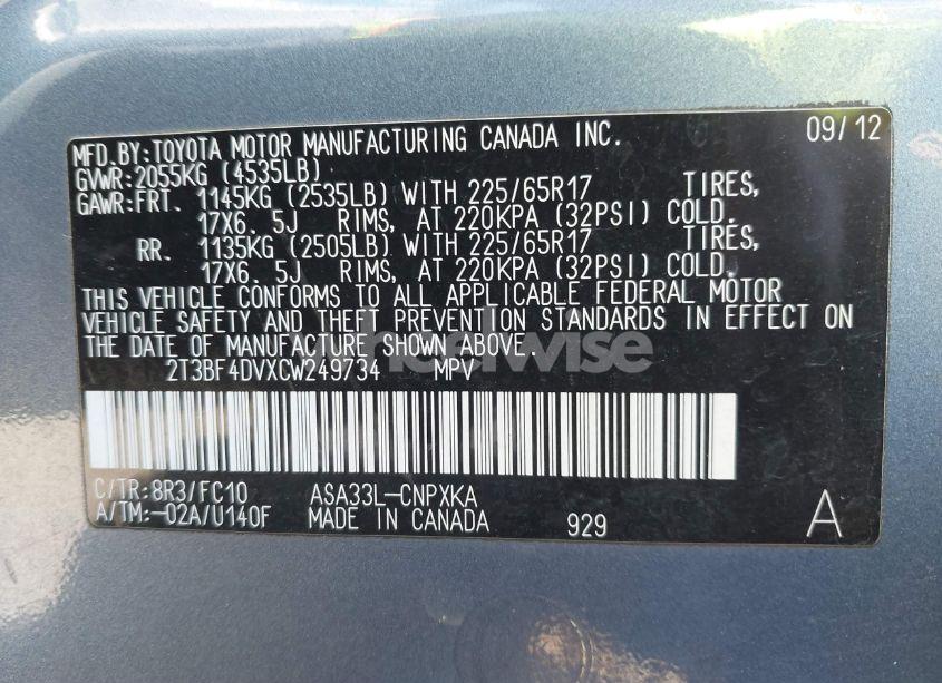 Photo 9 of 2012 Toyota Rav4 (VIN 2T3BF4DVXCW249734)