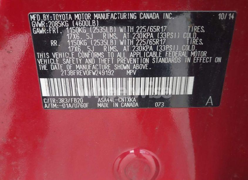 Photo 9 of 2015 Toyota Rav4 LE (VIN 2T3BFREV0FW249192)