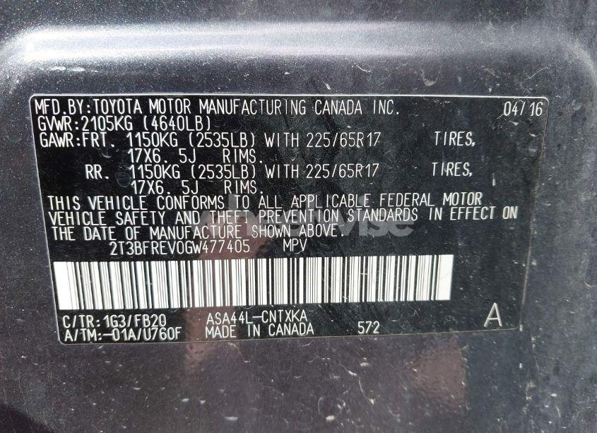 Photo 9 of 2016 Toyota Rav4 LE (VIN 2T3BFREV0GW477405)