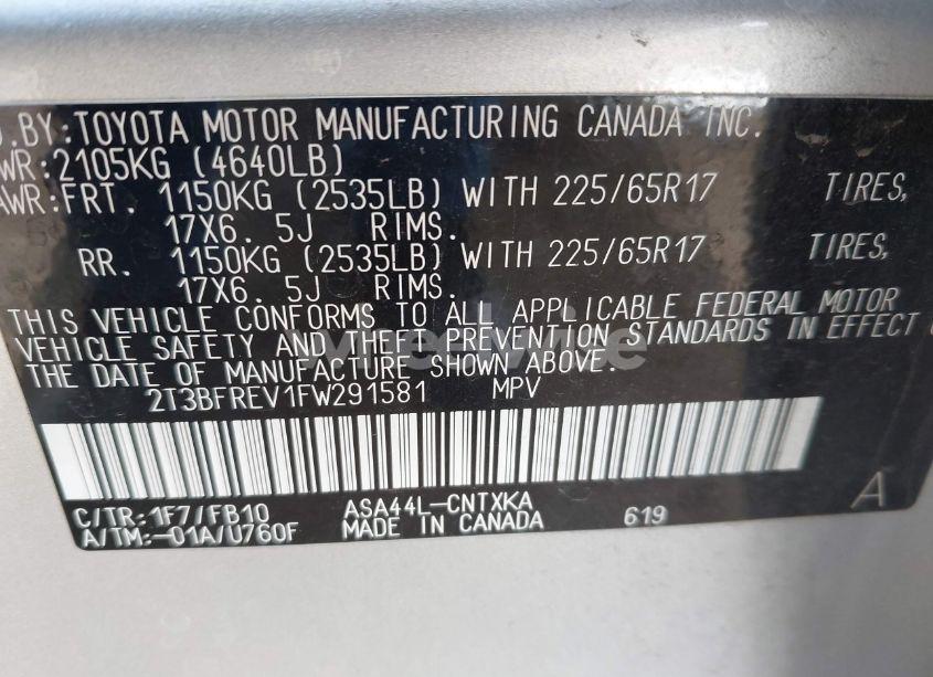 Photo 9 of 2015 Toyota Rav4 LE (VIN 2T3BFREV1FW291581)