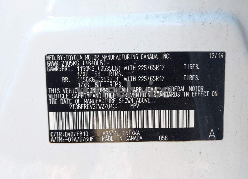 Photo 9 of 2015 Toyota Rav4 LE (VIN 2T3BFREV2FW270433)