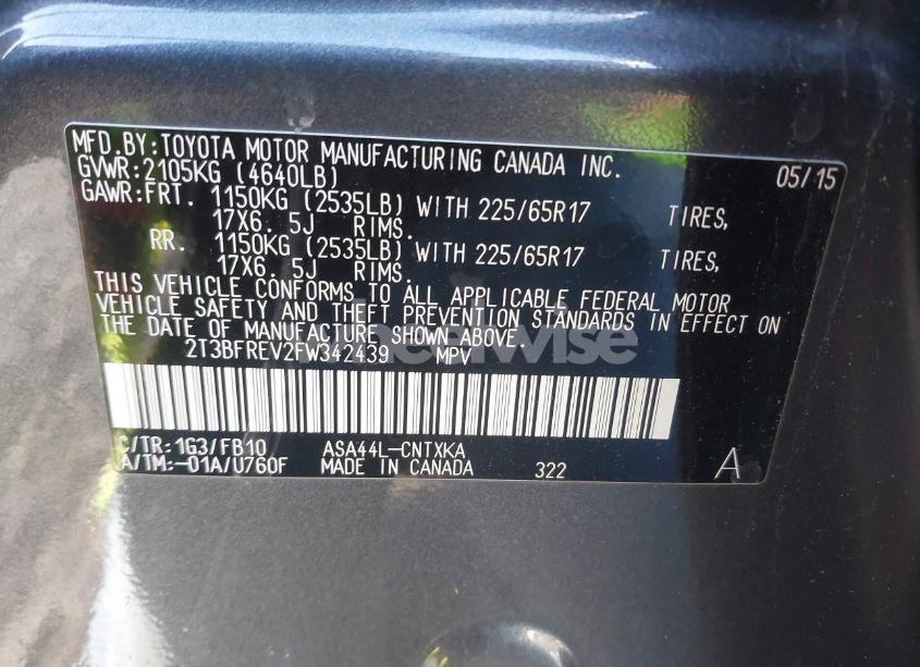 Photo 9 of 2015 Toyota Rav4 LE (VIN 2T3BFREV2FW342439)