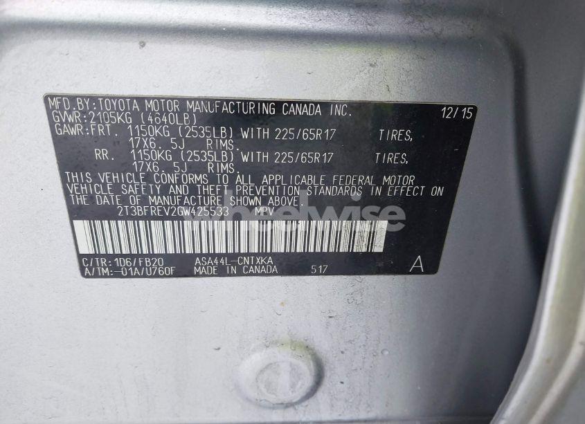 Photo 9 of 2016 Toyota Rav4 LE (VIN 2T3BFREV2GW425533)