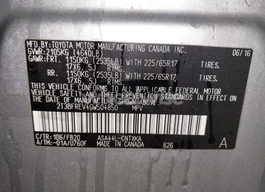 Photo 9 of 2016 Toyota Rav4 LE (VIN 2T3BFREV4GW504850)