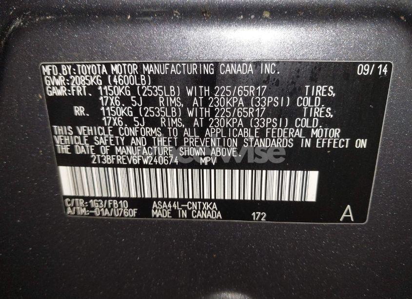 Photo 9 of 2015 Toyota Rav4 LE (VIN 2T3BFREV6FW240674)