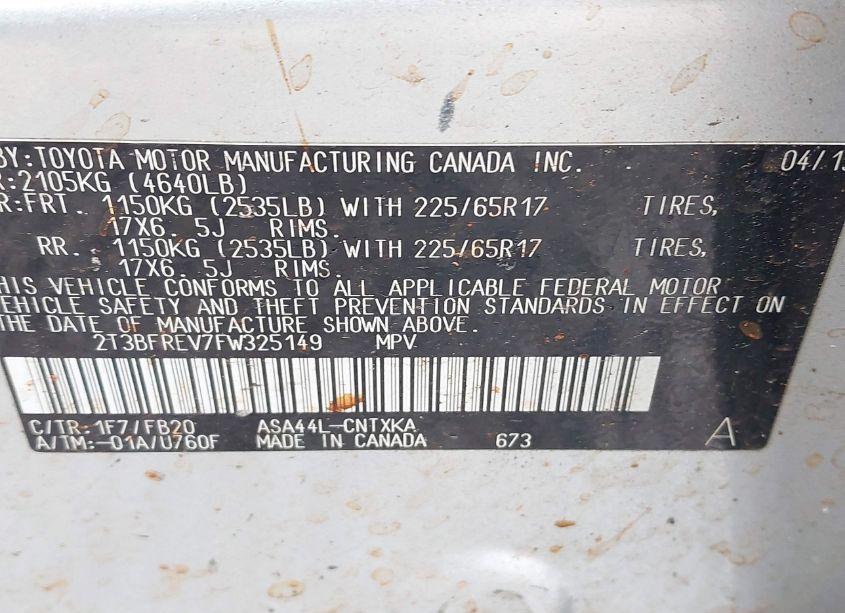 Photo 9 of 2015 Toyota Rav4 LE (VIN 2T3BFREV7FW325149)