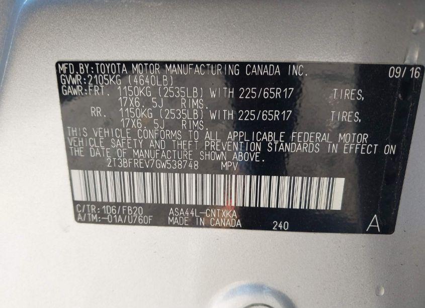 Photo 9 of 2016 Toyota Rav4 LE (VIN 2T3BFREV7GW538748)