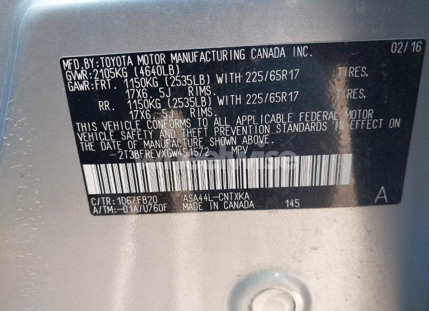 Photo 9 of 2016 Toyota Rav4 LE (VIN 2T3BFREVXGW451572)