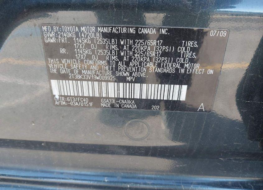 Photo 9 of 2009 Toyota Rav4 BASE V6 (VIN 2T3BK33V19W009925)