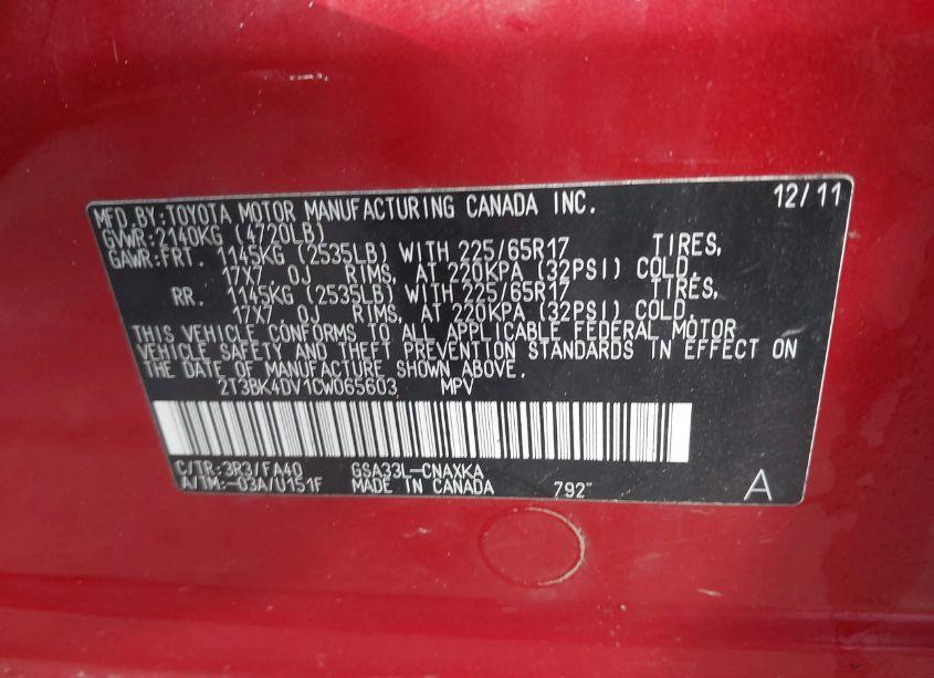 Photo 9 of 2012 Toyota Rav4 BASE V6 (VIN 2T3BK4DV1CW065603)