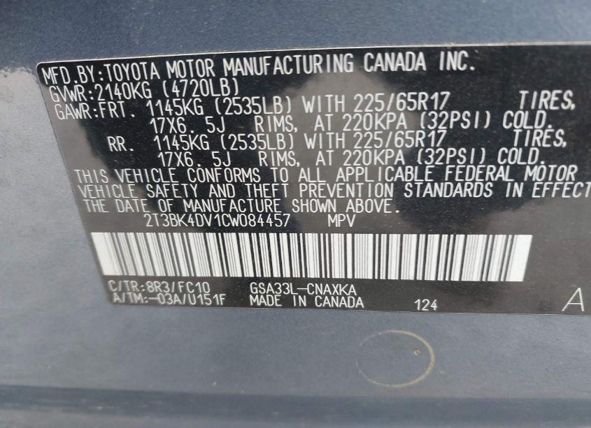 Photo 9 of 2012 Toyota Rav4 BASE V6 (VIN 2T3BK4DV1CW084457)