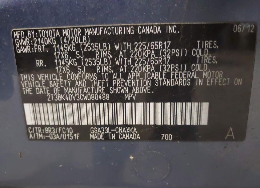 Photo 9 of 2012 Toyota Rav4 BASE V6 (VIN 2T3BK4DV3CW080488)