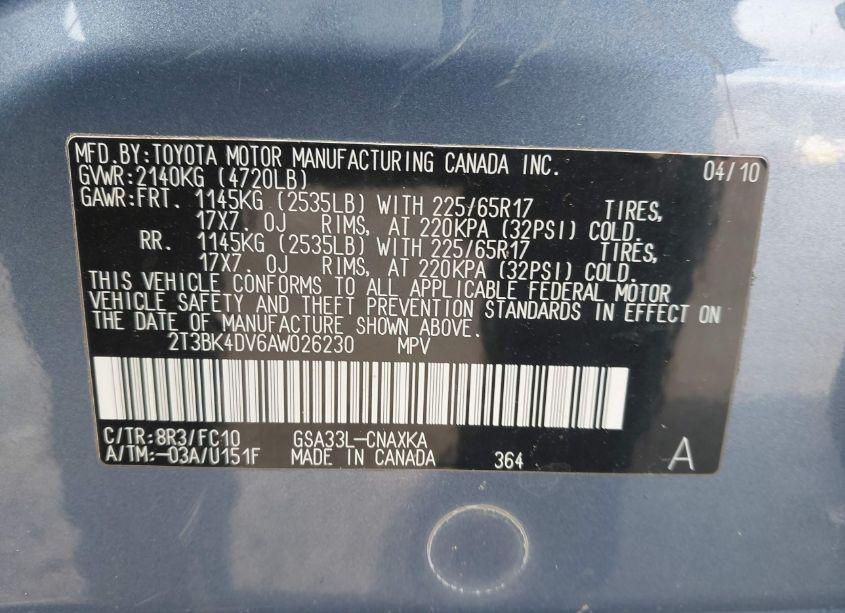 Photo 9 of 2010 Toyota Rav4 BASE V6 (VIN 2T3BK4DV6AW026230)