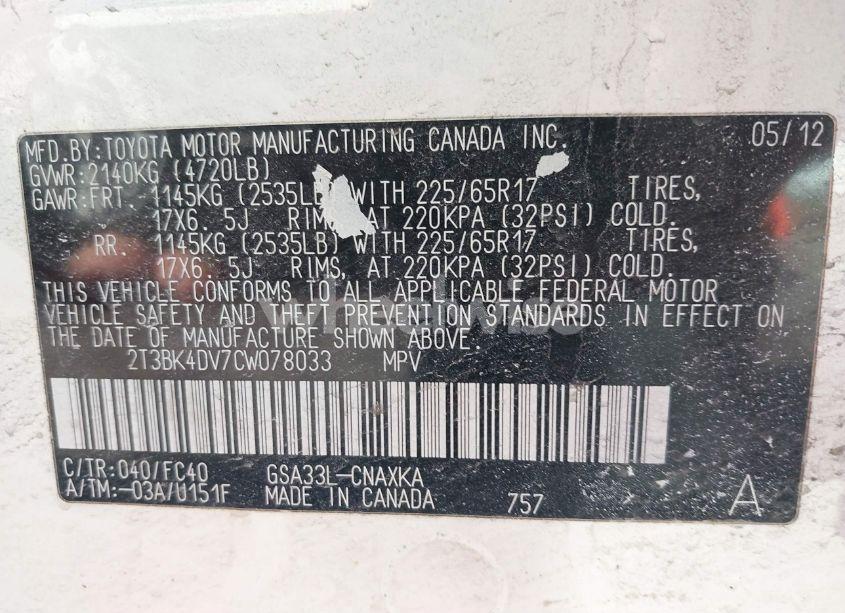 Photo 9 of 2012 Toyota Rav4 BASE V6 (VIN 2T3BK4DV7CW078033)