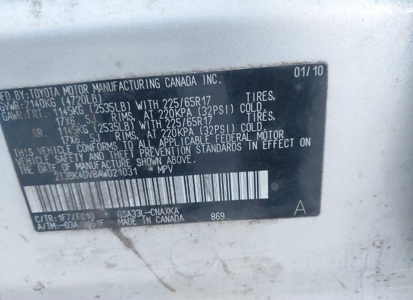 Photo 9 of 2010 Toyota Rav4 BASE V6 (VIN 2T3BK4DV8AW021031)