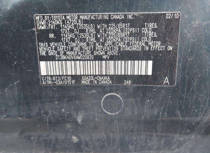 Photo 9 of 2010 Toyota Rav4 BASE V6 (VIN 2T3BK4DVXAW020835)