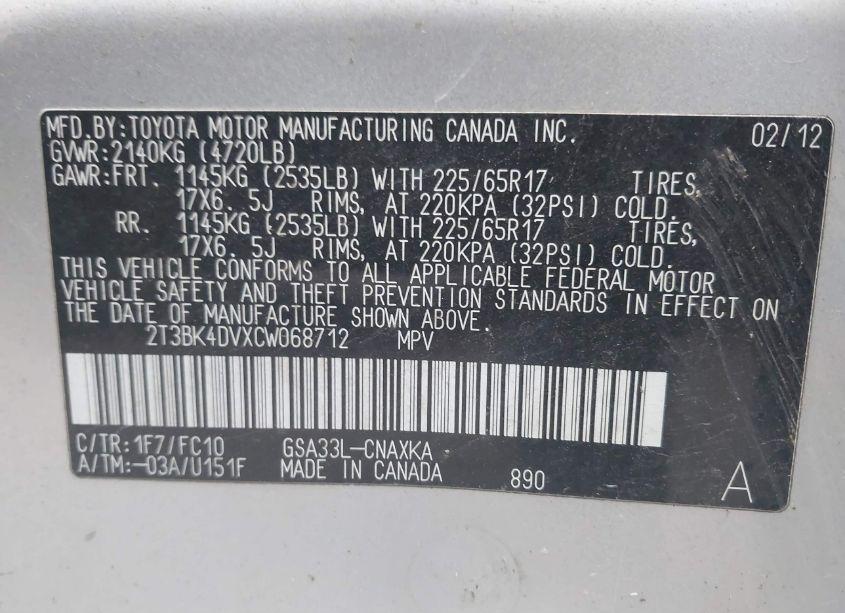 Photo 9 of 2012 Toyota Rav4 BASE V6 (VIN 2T3BK4DVXCW068712)