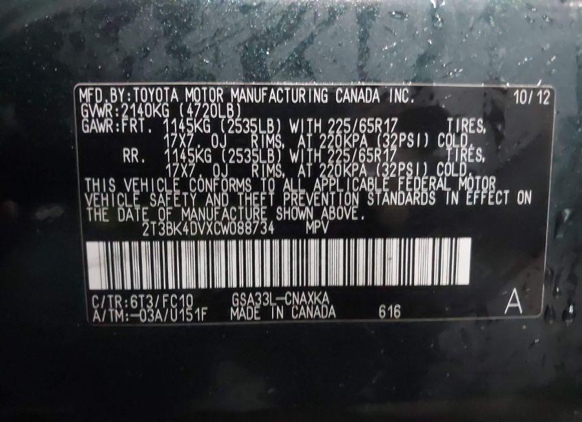 Photo 9 of 2012 Toyota Rav4 BASE V6 (VIN 2T3BK4DVXCW088734)