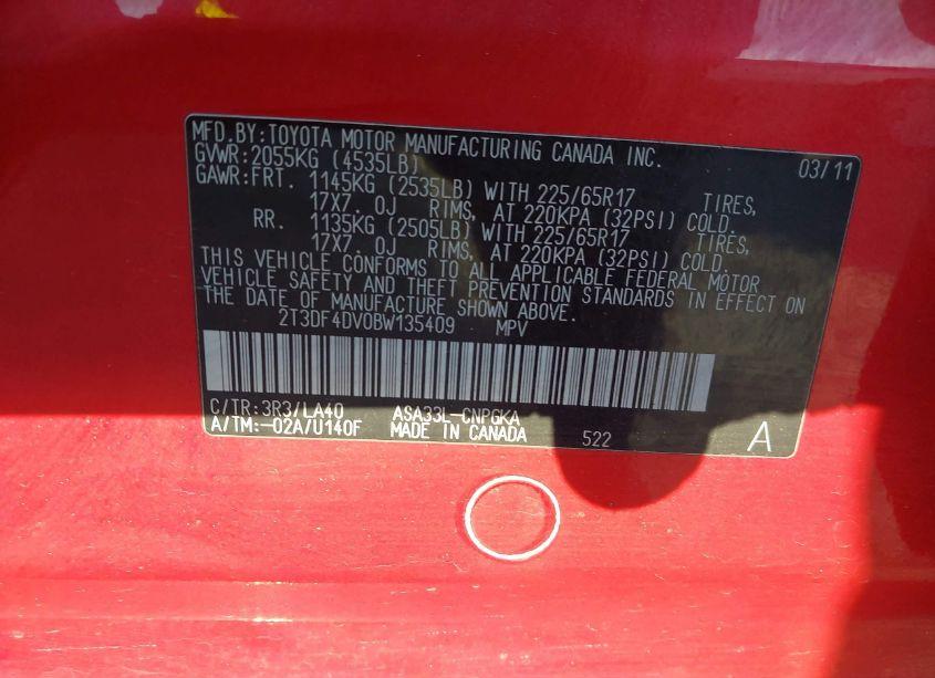 Photo 9 of 2011 Toyota Rav4 LIMITED (VIN 2T3DF4DV0BW135409)