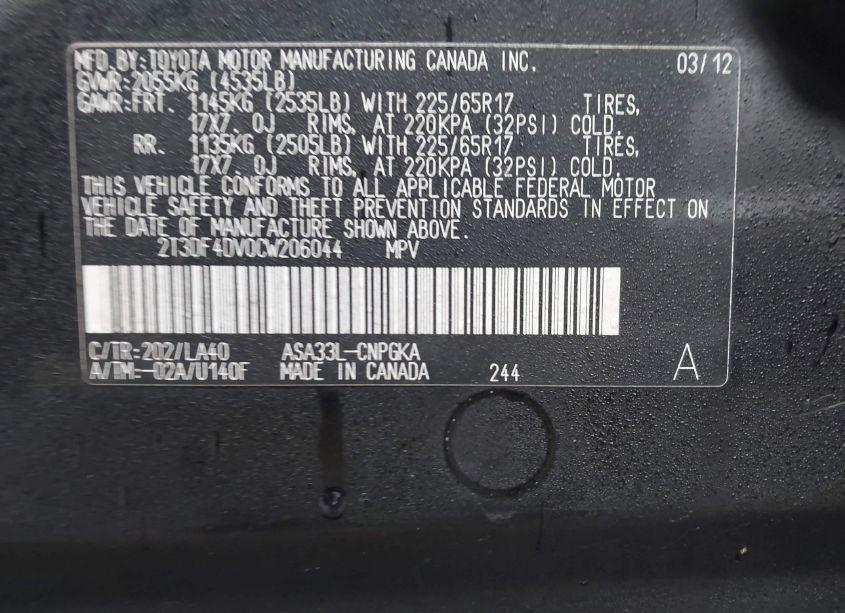 Photo 9 of 2012 Toyota Rav4 LIMITED (VIN 2T3DF4DV0CW206044)