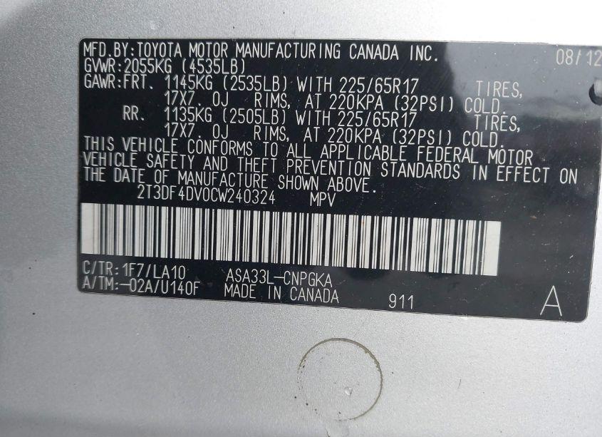 Photo 9 of 2012 Toyota Rav4 LIMITED (VIN 2T3DF4DV0CW240324)