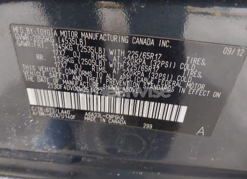 Photo 9 of 2012 Toyota Rav4 LIMITED (VIN 2T3DF4DV0CW251422)