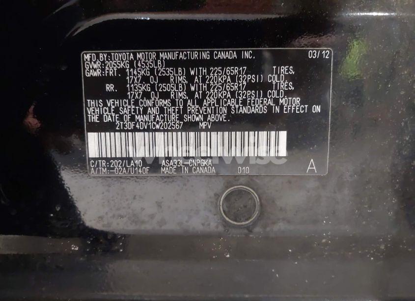 Photo 9 of 2012 Toyota Rav4 LIMITED (VIN 2T3DF4DV1CW202567)