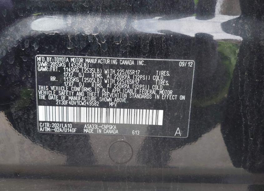 Photo 9 of 2012 Toyota Rav4 LIMITED (VIN 2T3DF4DV1CW249582)