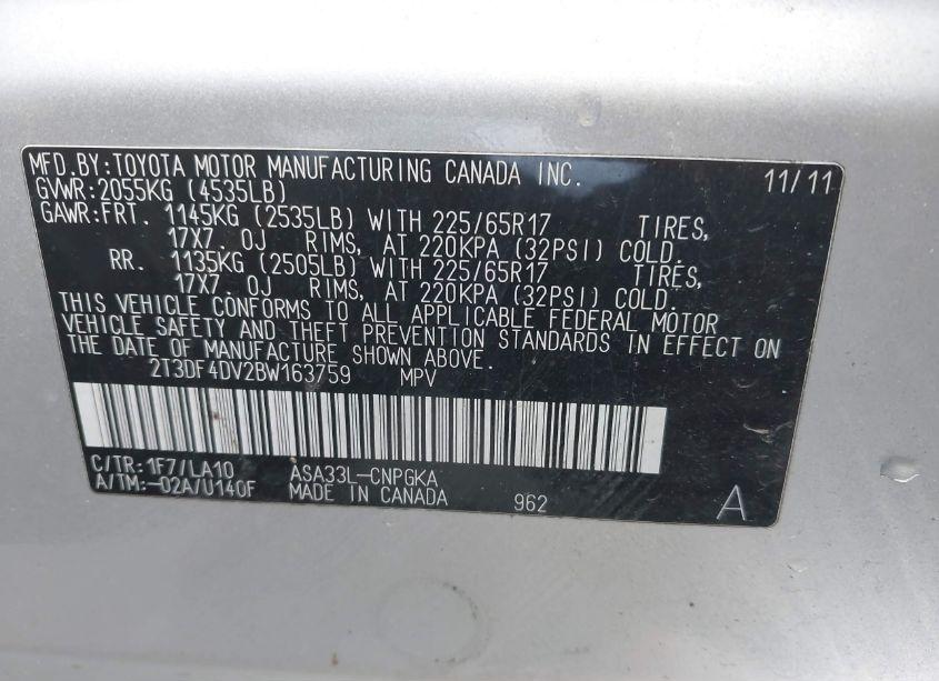 Photo 9 of 2011 Toyota Rav4 LIMITED (VIN 2T3DF4DV2BW163759)