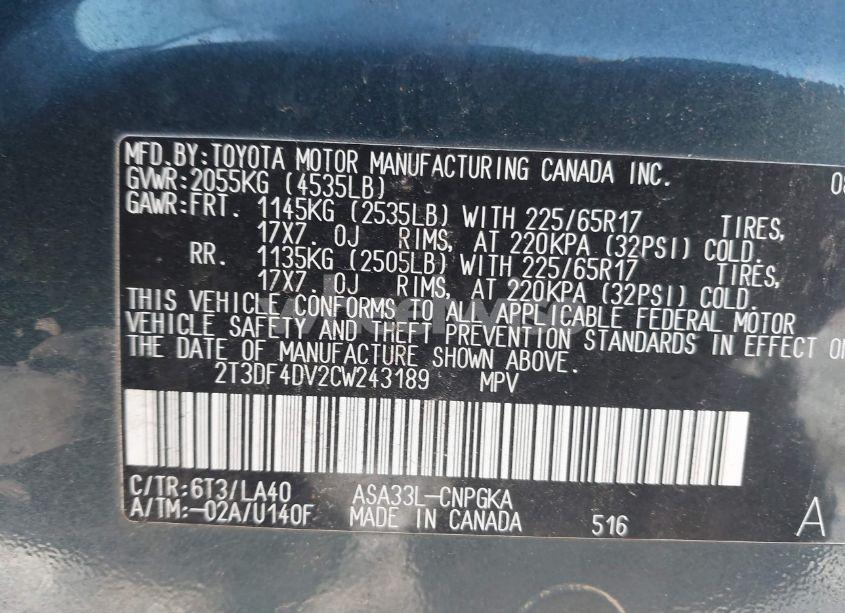 Photo 9 of 2012 Toyota Rav4 LIMITED (VIN 2T3DF4DV2CW243189)