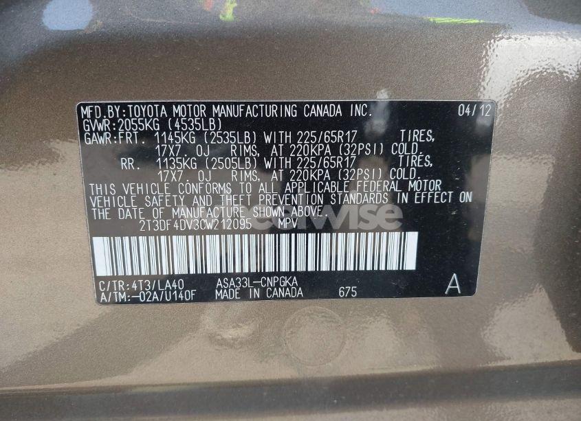 Photo 9 of 2012 Toyota Rav4 LIMITED (VIN 2T3DF4DV3CW212095)