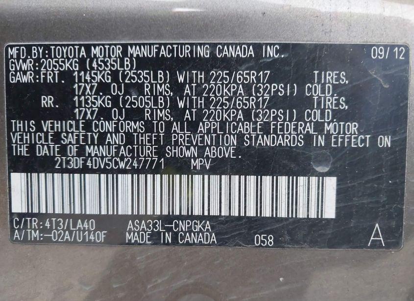 Photo 9 of 2012 Toyota Rav4 LIMITED (VIN 2T3DF4DV5CW247771)