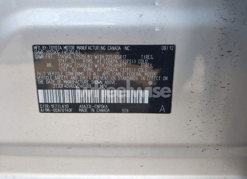 Photo 9 of 2012 Toyota Rav4 LIMITED (VIN 2T3DF4DV6CW240389)