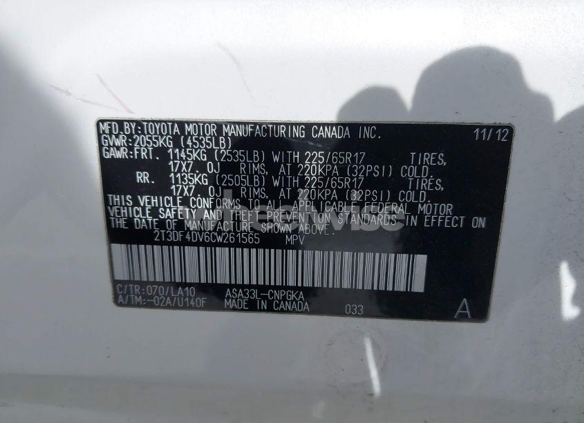 Photo 9 of 2012 Toyota Rav4 LIMITED (VIN 2T3DF4DV6CW261565)