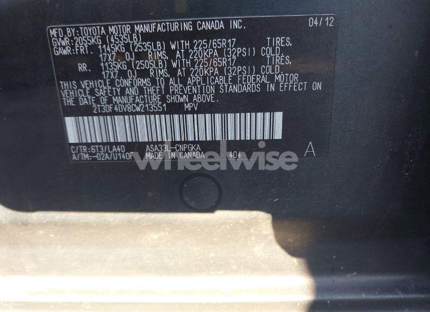 Photo 9 of 2012 Toyota Rav4 LIMITED (VIN 2T3DF4DV8CW213551)